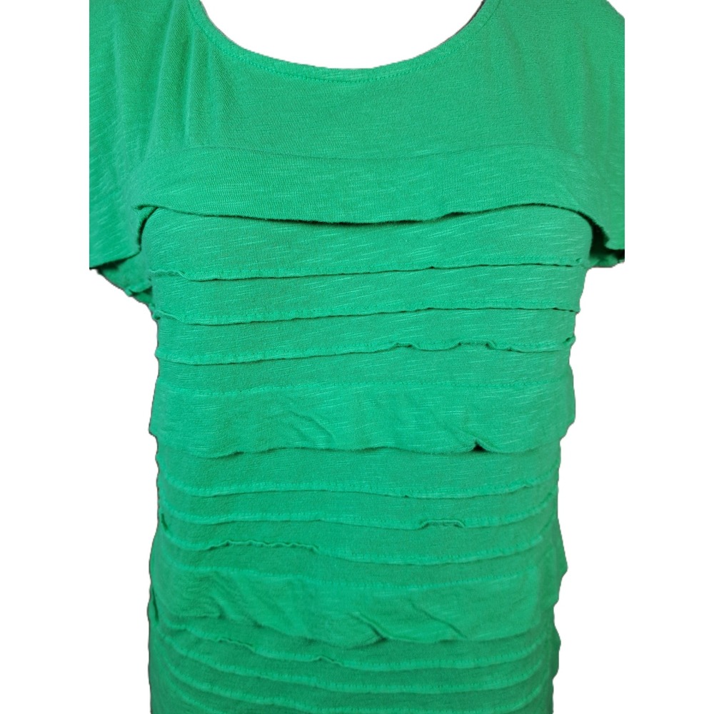 Liz Claiborne Petite Green‎ Ruffle Front Short Sleeve Top Blouse PM Cotton Modal